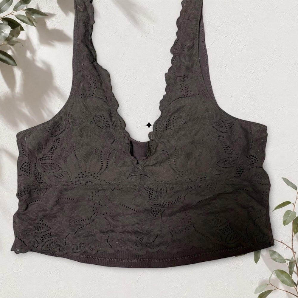 Aerie Brown Lace Trim Eyelet Crop Top Built-in Bra Ribbed Boho Fairycore Size M